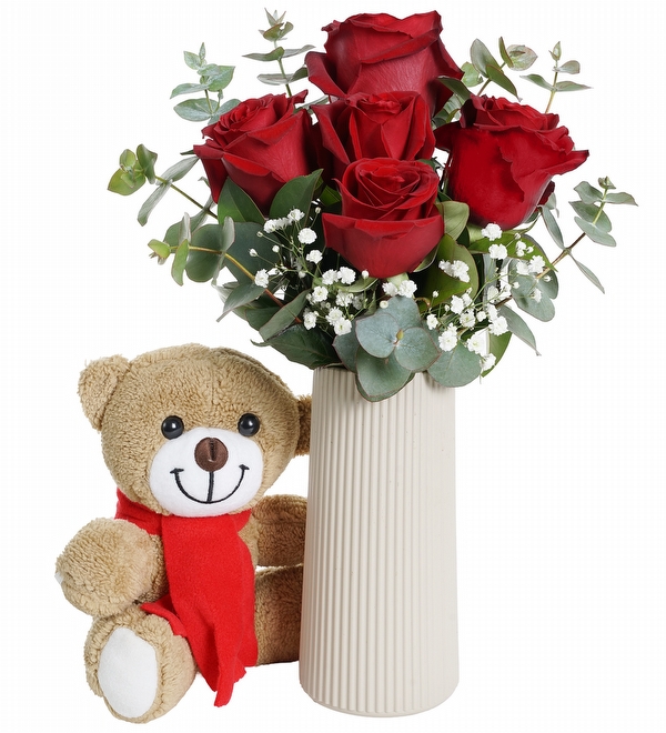 Bej Vazoda Kırmızı Güller ve Ayıcık