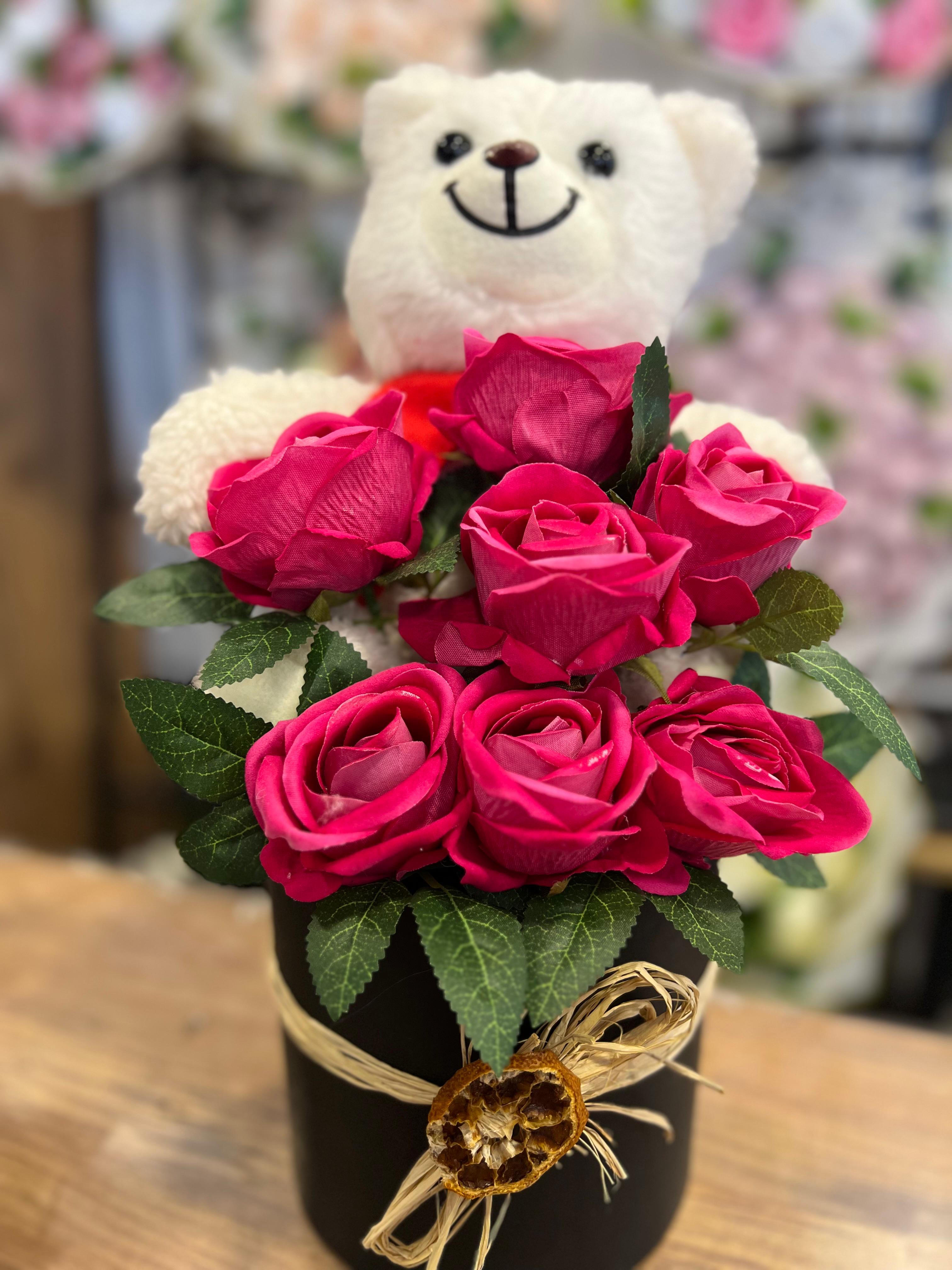 Ayıcıklı Fuşya Yapay Güller