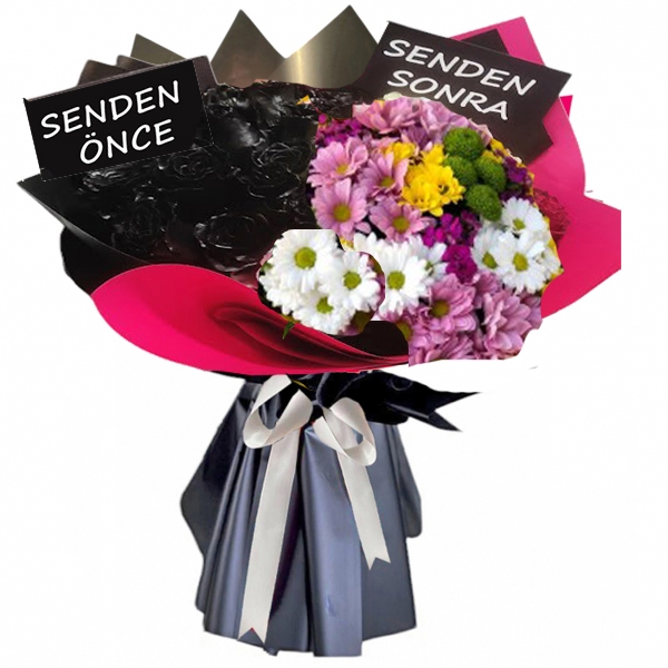 Senden Önce Senden Sonra Çiçeği Canlı 10 Siyah Gül ve Renkli Papatyalar